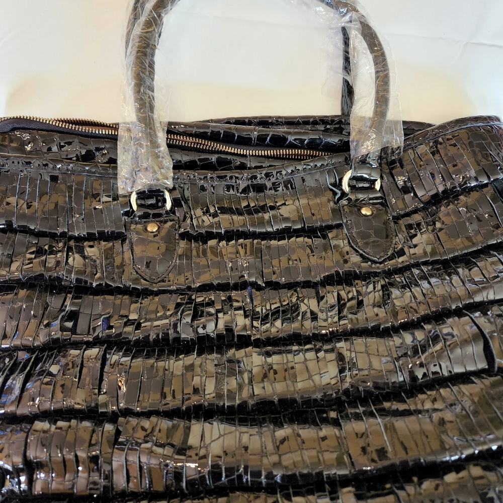 Chaos Black Patent Leather Slit Pattern Purse Crossbody Strap. NWT